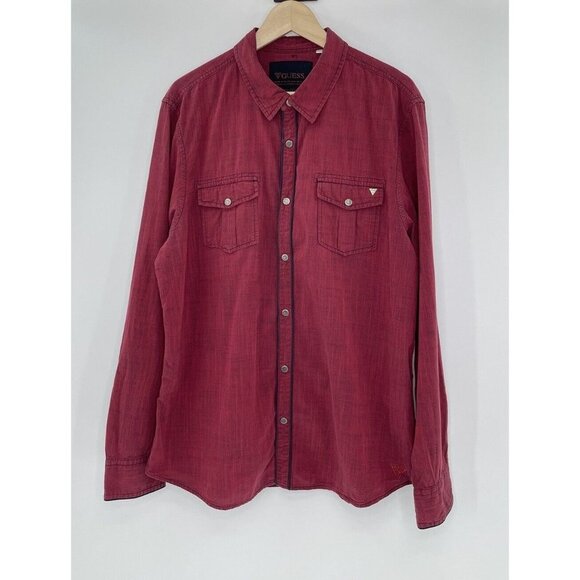 Guess‎ Men’s Red Collared Snap Down Long Sleeve Shirt Size XXL Western - Picture 1 of 9